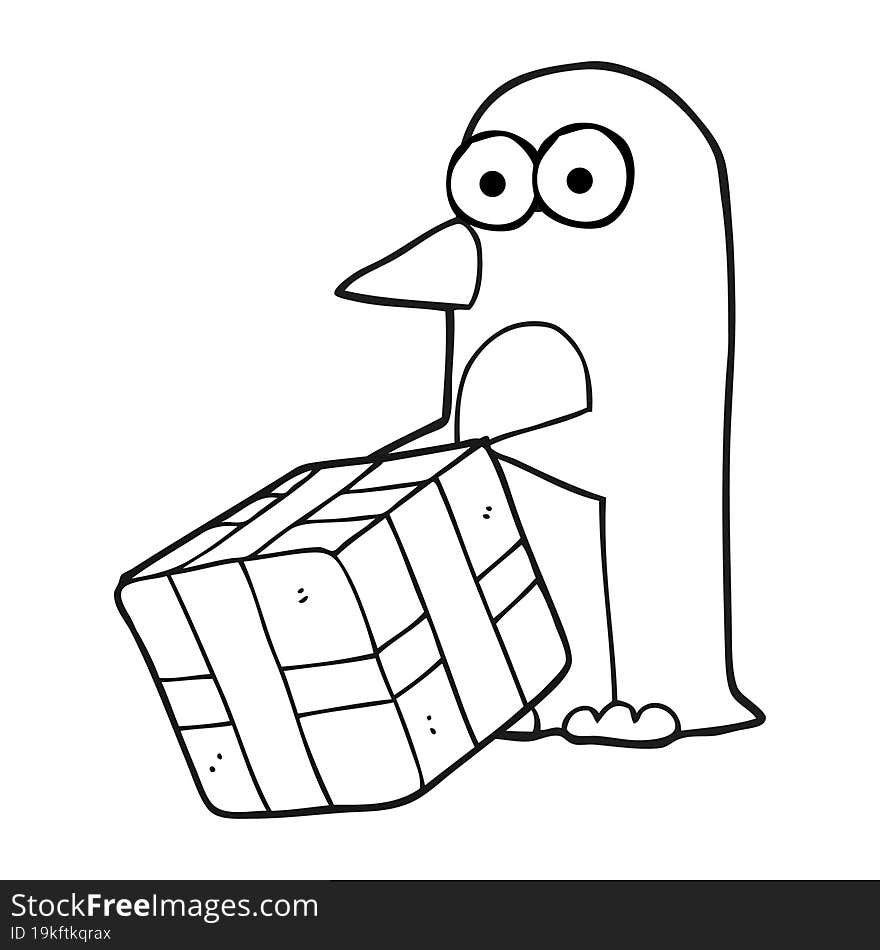 Black And White Cartoon Penguin With Christmas Present