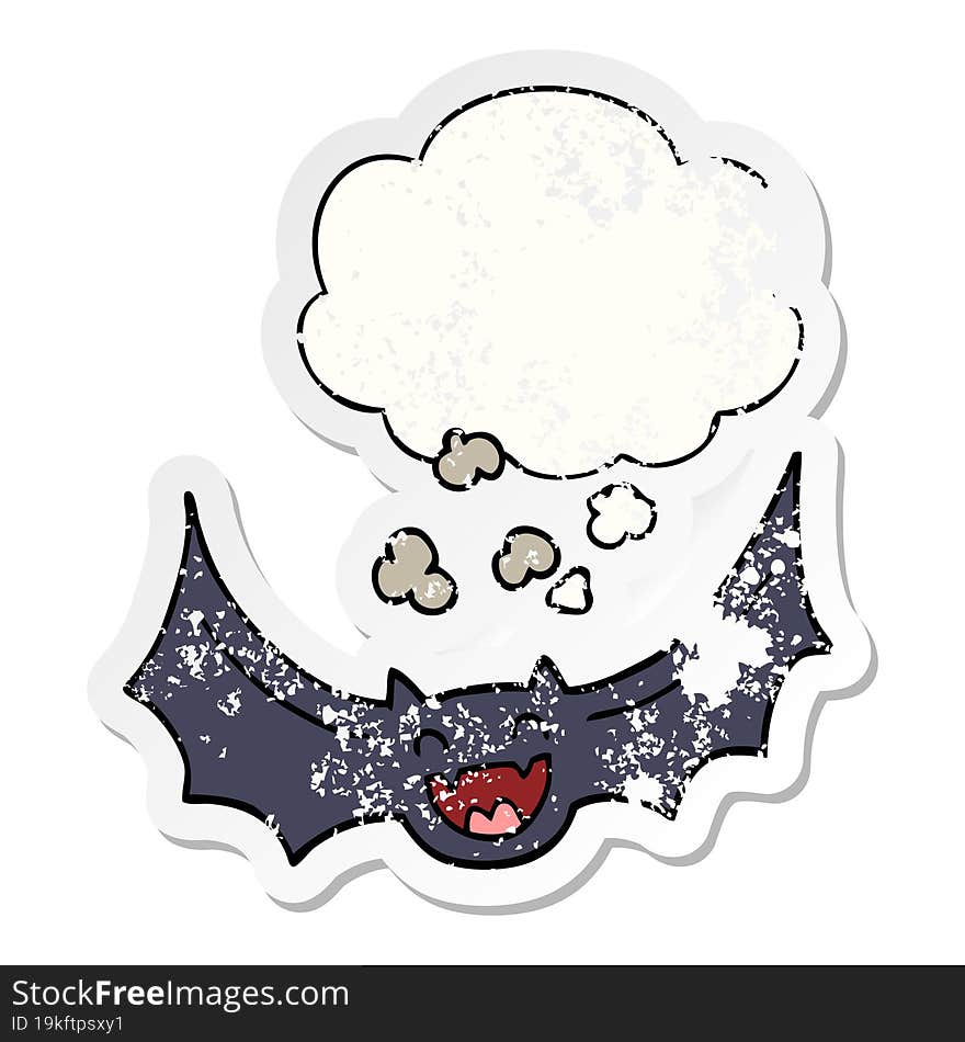 cartoon bat and thought bubble as a distressed worn sticker