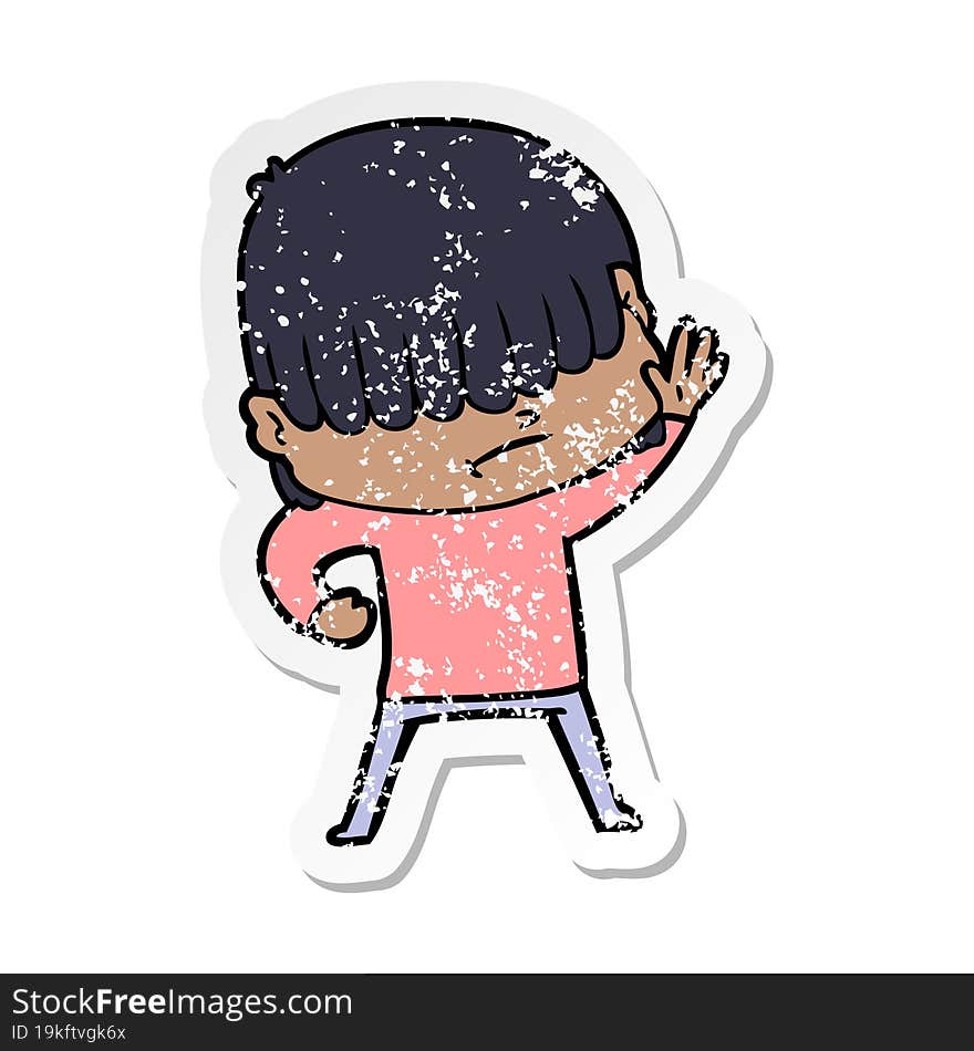 distressed sticker of a cartoon boy with untidy hair