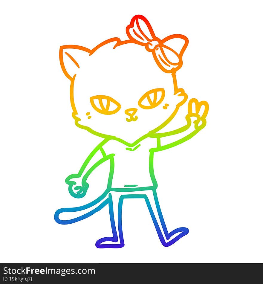 rainbow gradient line drawing of a cute cartoon cat girl giving peace sign