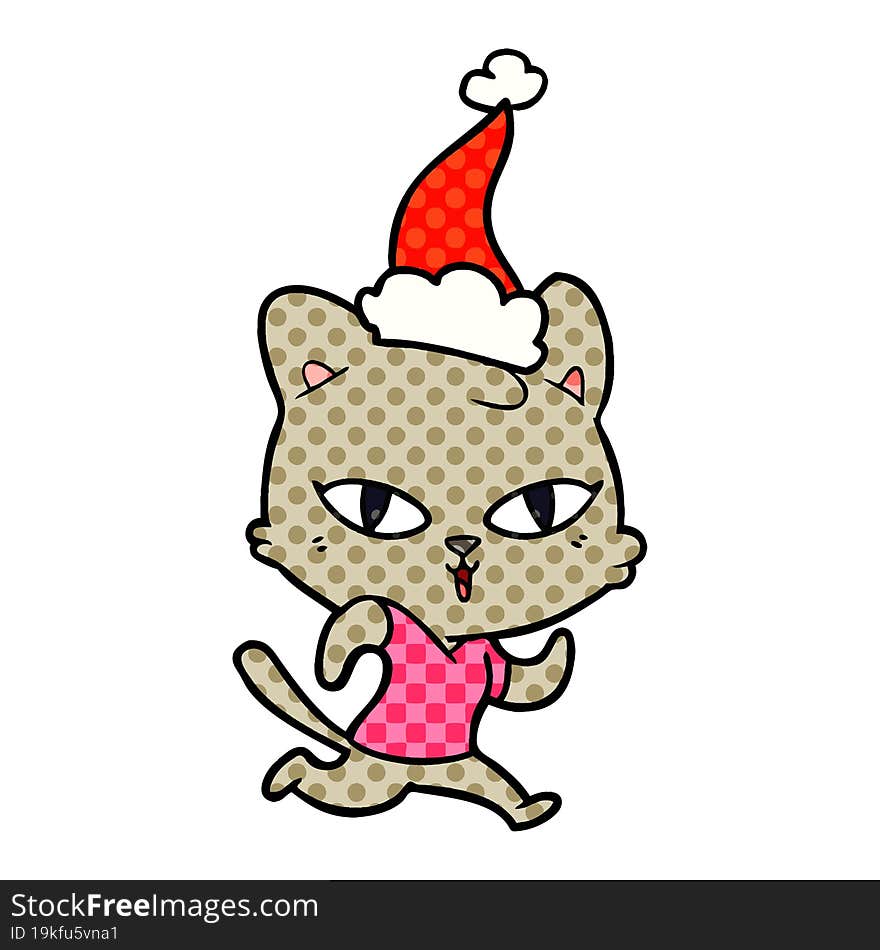 comic book style illustration of a cat out for a run wearing santa hat