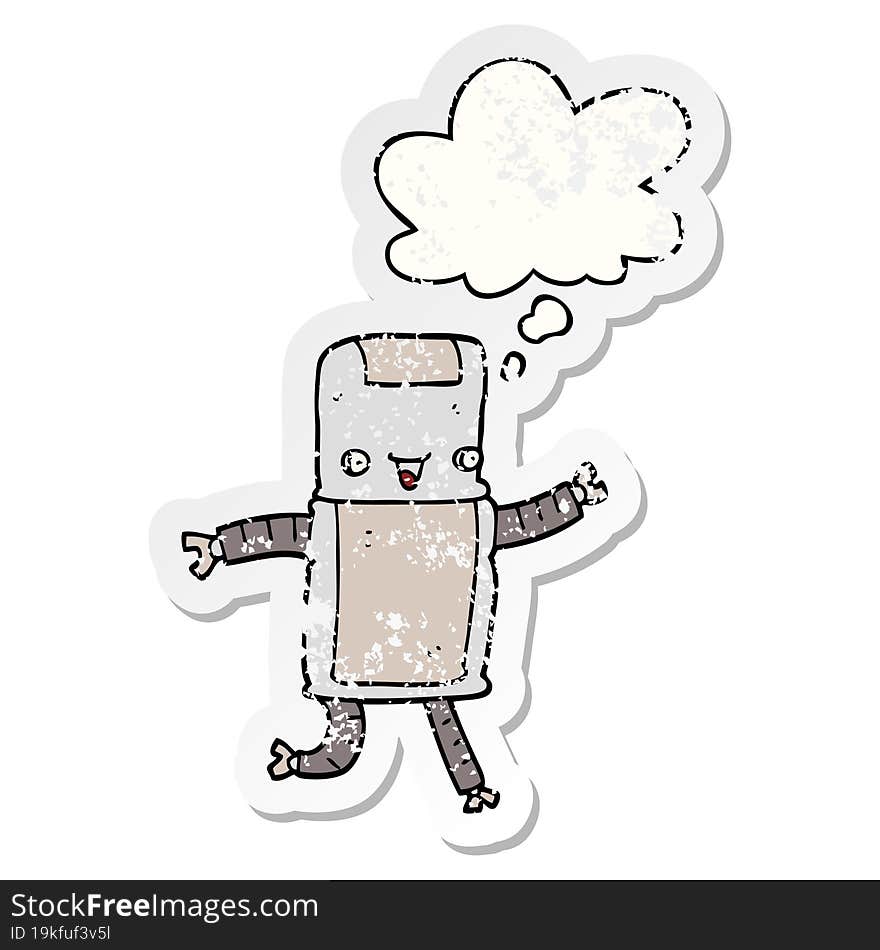 cartoon robot with thought bubble as a distressed worn sticker