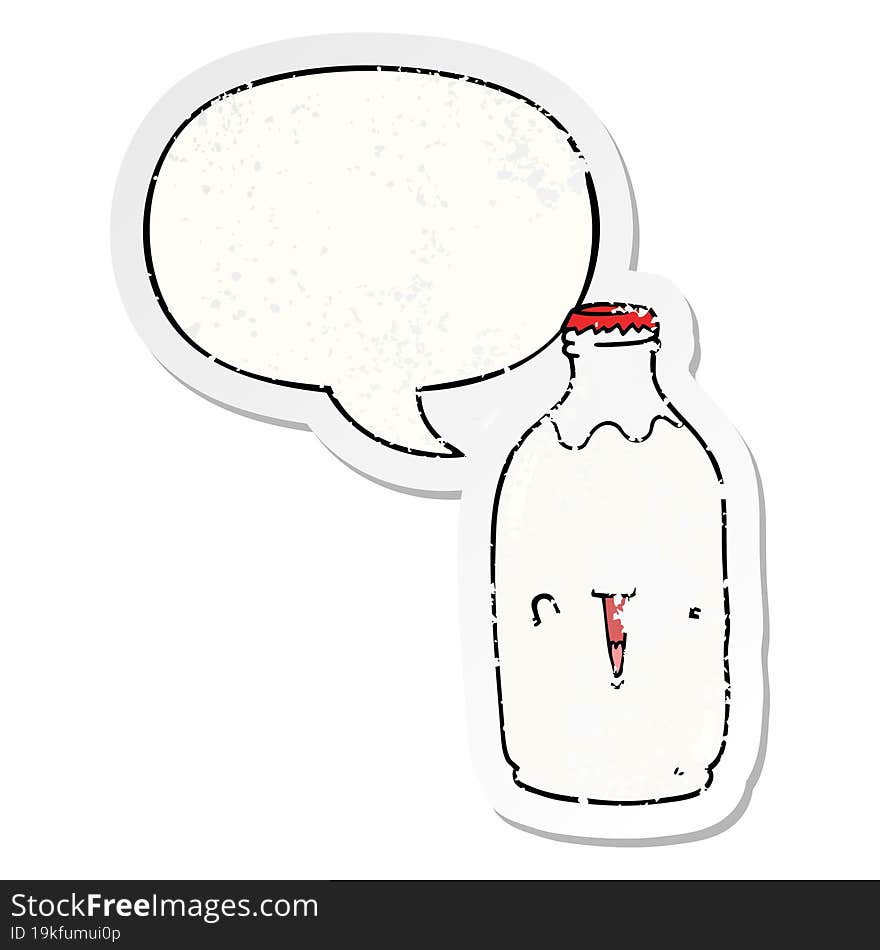 cute cartoon milk bottle and speech bubble distressed sticker