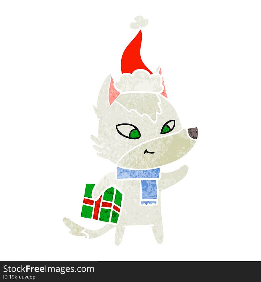 friendly retro cartoon of a christmas wolf wearing santa hat