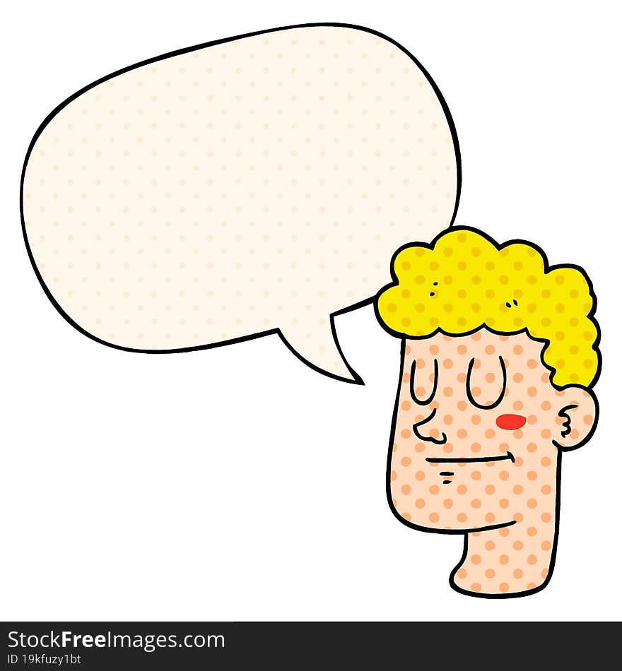 cartoon male face with speech bubble in comic book style