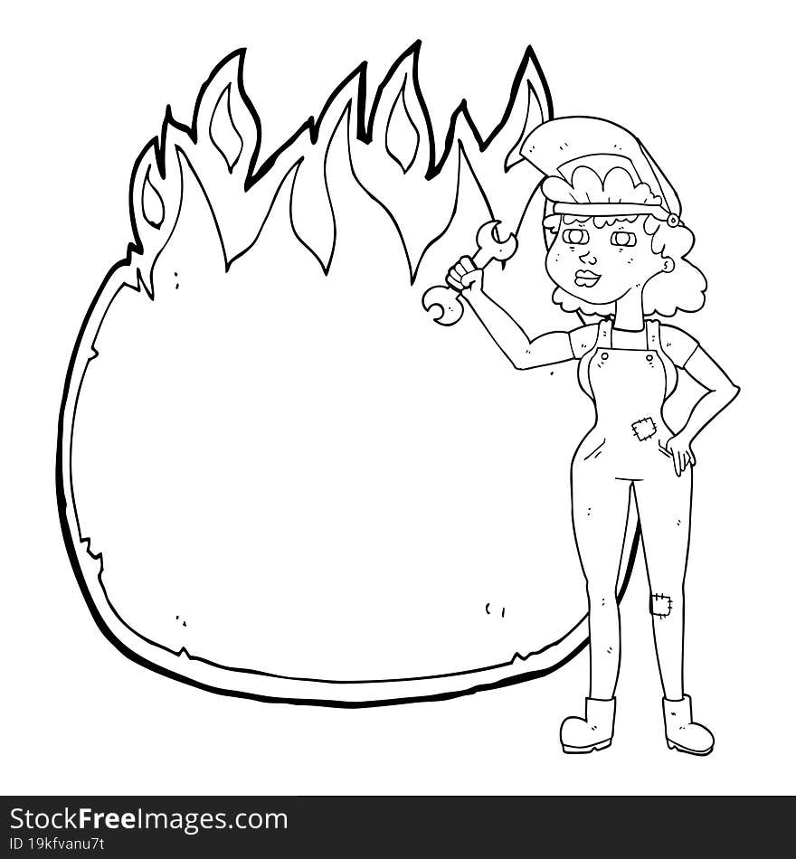 freehand drawn black and white cartoon woman with spanner