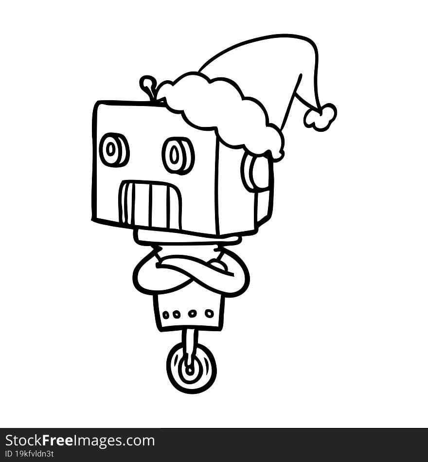 line drawing of a robot wearing santa hat