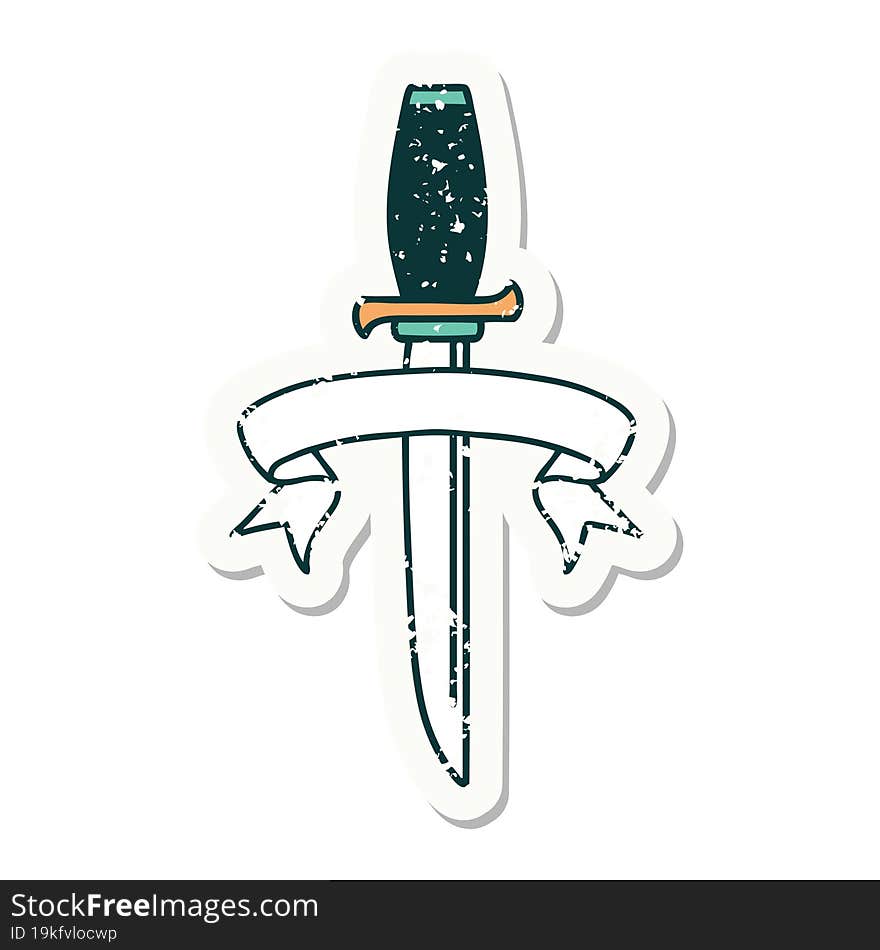 grunge sticker with banner of a dagger