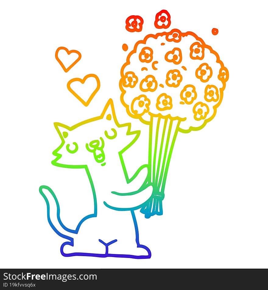 rainbow gradient line drawing of a cartoon cat in love with flowers