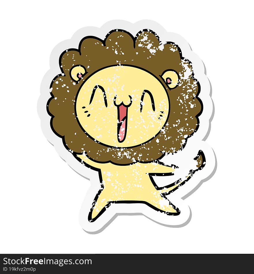 distressed sticker of a happy cartoon lion