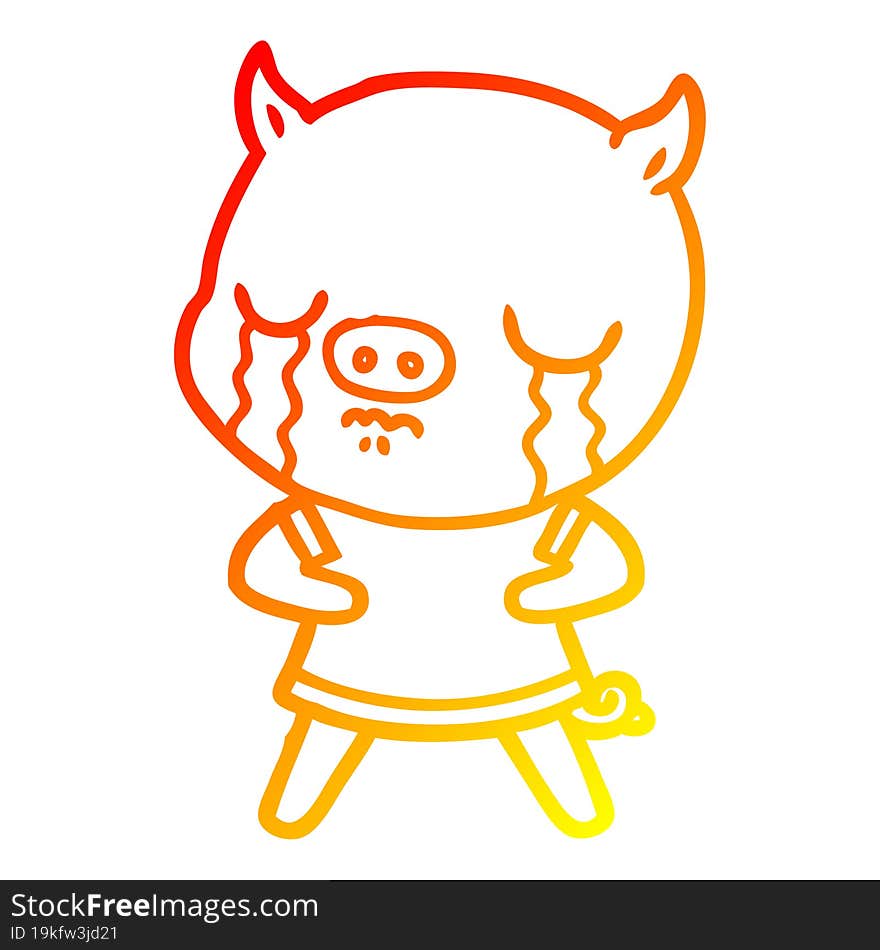 warm gradient line drawing of a cartoon pig crying