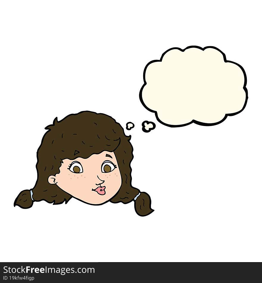 cartoon pretty female face with thought bubble