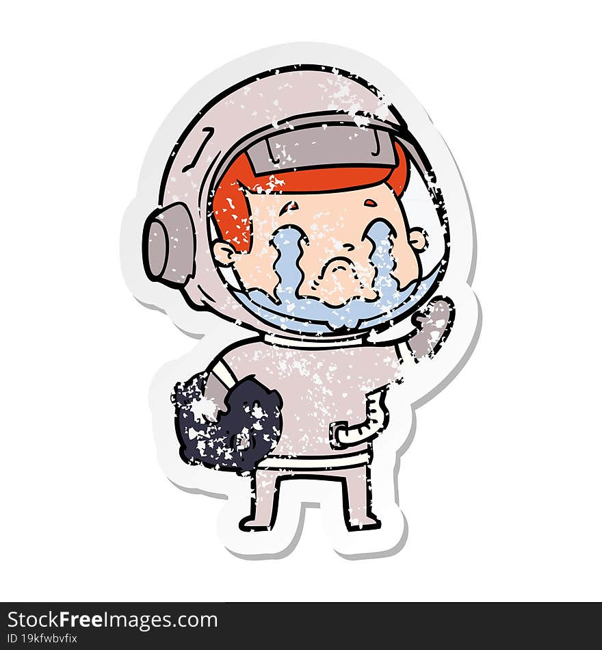 distressed sticker of a cartoon crying astronaut