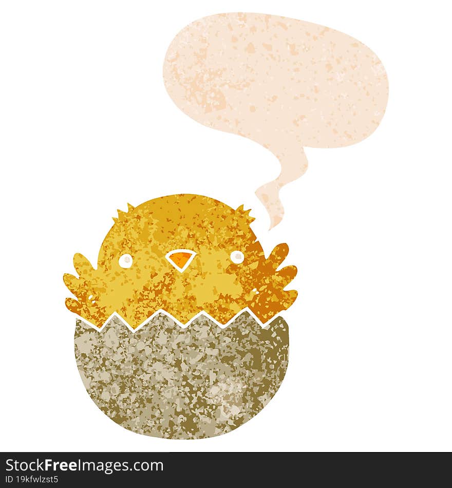 cartoon chick hatching from egg with speech bubble in grunge distressed retro textured style. cartoon chick hatching from egg with speech bubble in grunge distressed retro textured style