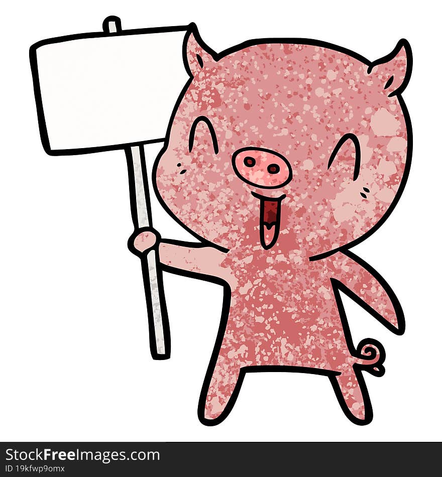 happy cartoon pig with sign post. happy cartoon pig with sign post