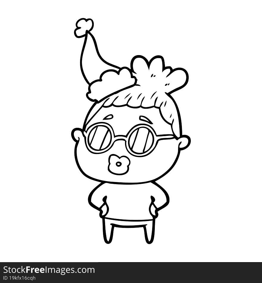 line drawing of a librarian woman wearing spectacles wearing santa hat