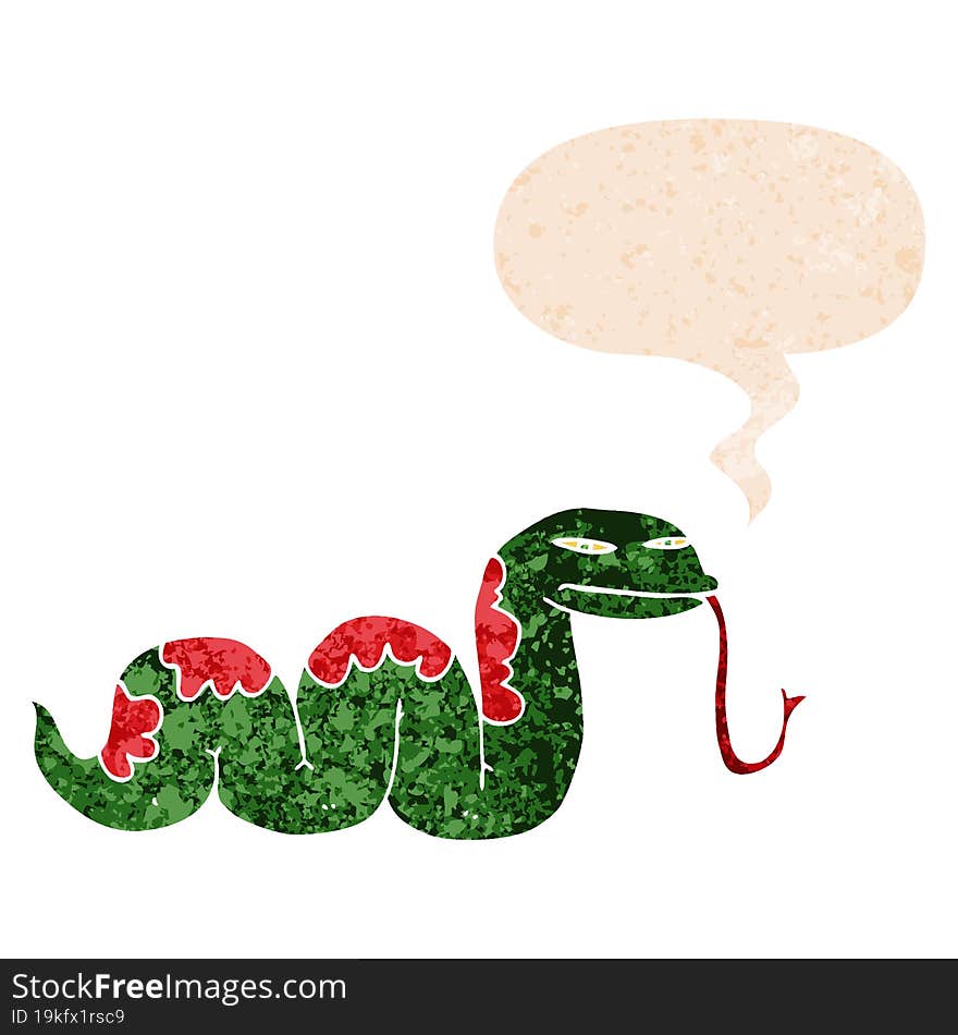 Cartoon Slithering Snake And Speech Bubble In Retro Textured Style