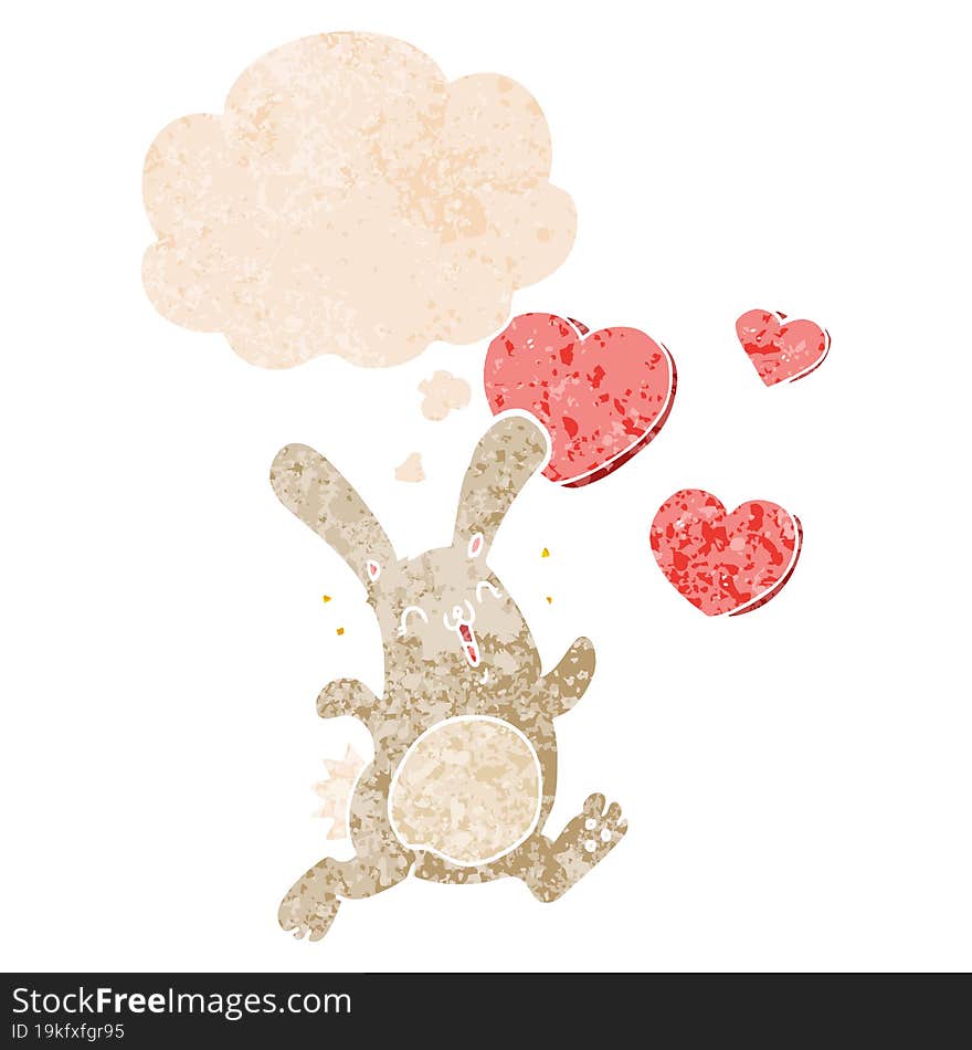 cartoon rabbit in love with thought bubble in grunge distressed retro textured style. cartoon rabbit in love with thought bubble in grunge distressed retro textured style