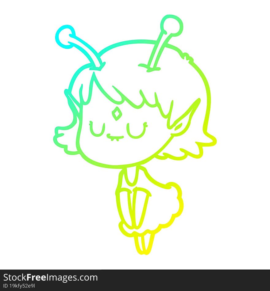 cold gradient line drawing of a cartoon alien girl