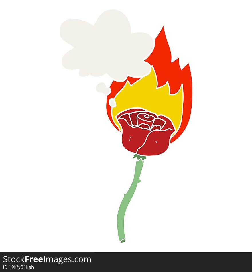 Cartoon Flaming Rose And Thought Bubble In Retro Style