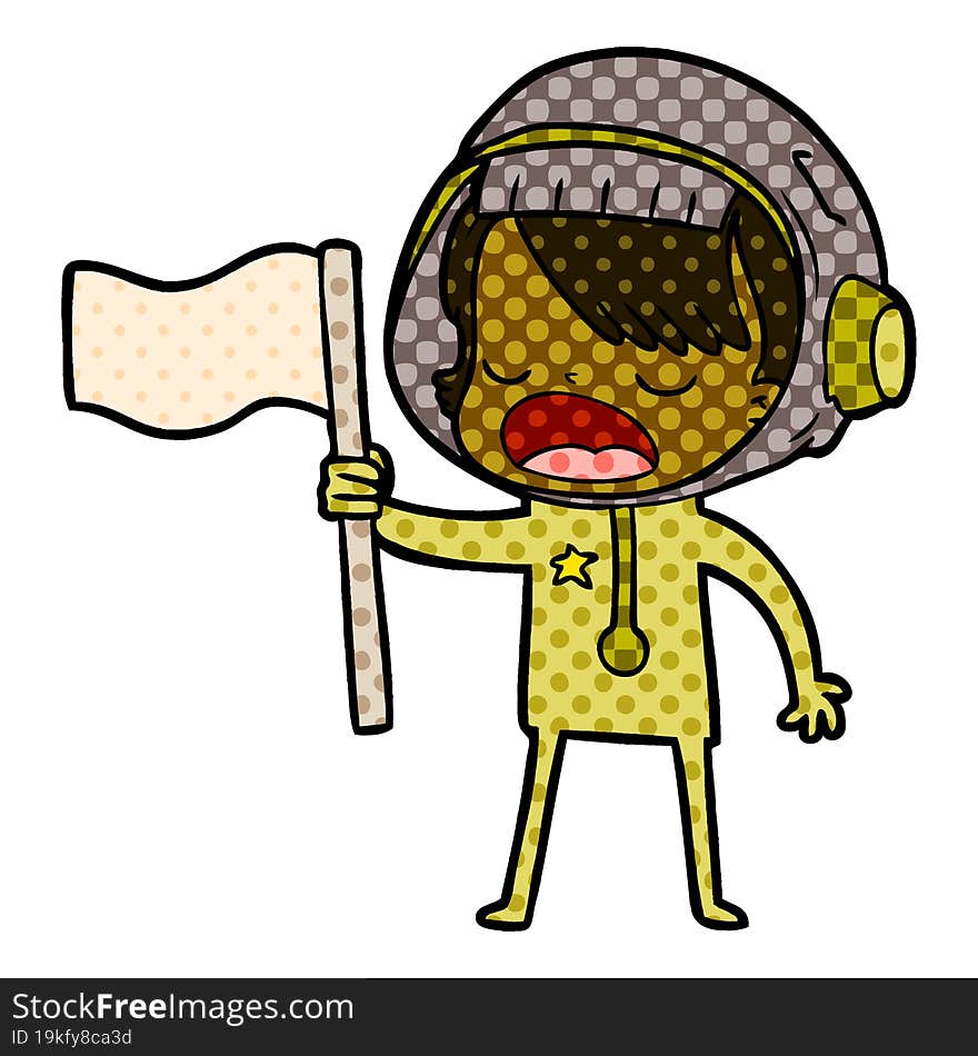 cartoon astronaut woman waving flag. cartoon astronaut woman waving flag