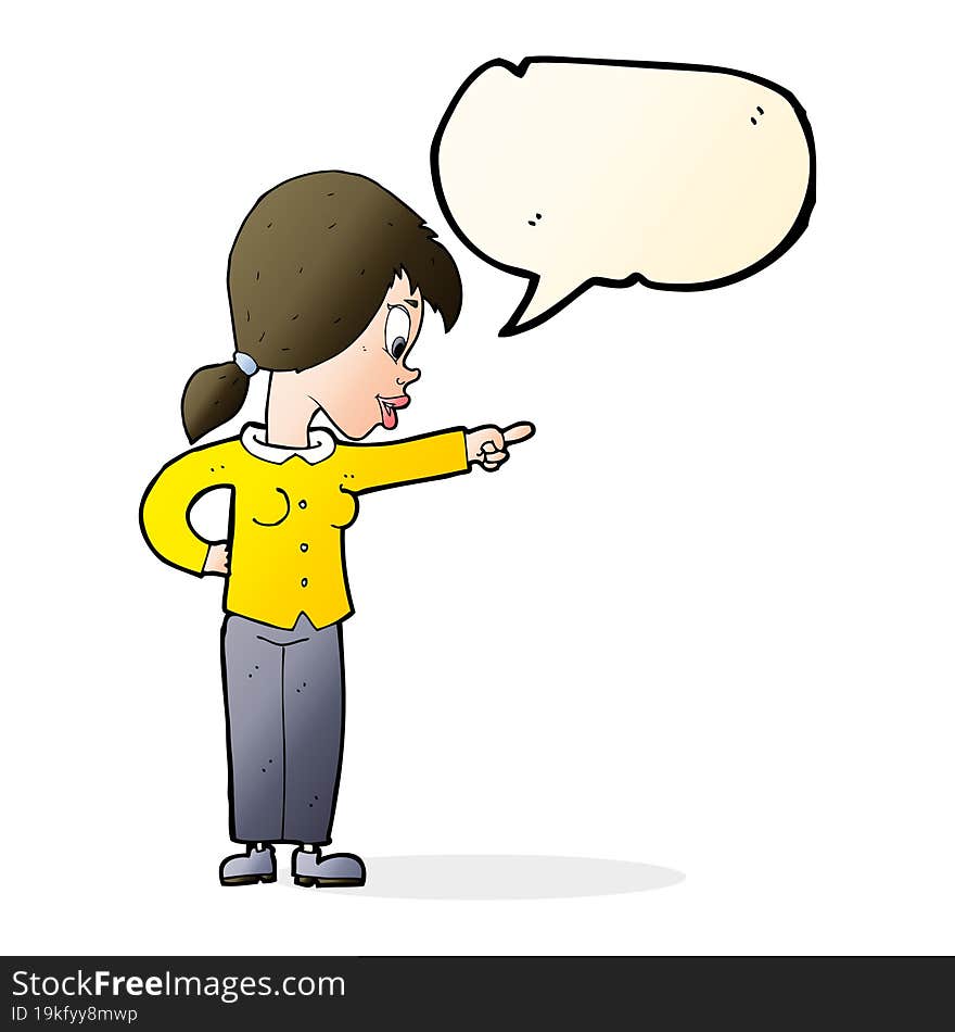 cartoon enthusiastic woman pointing with speech bubble