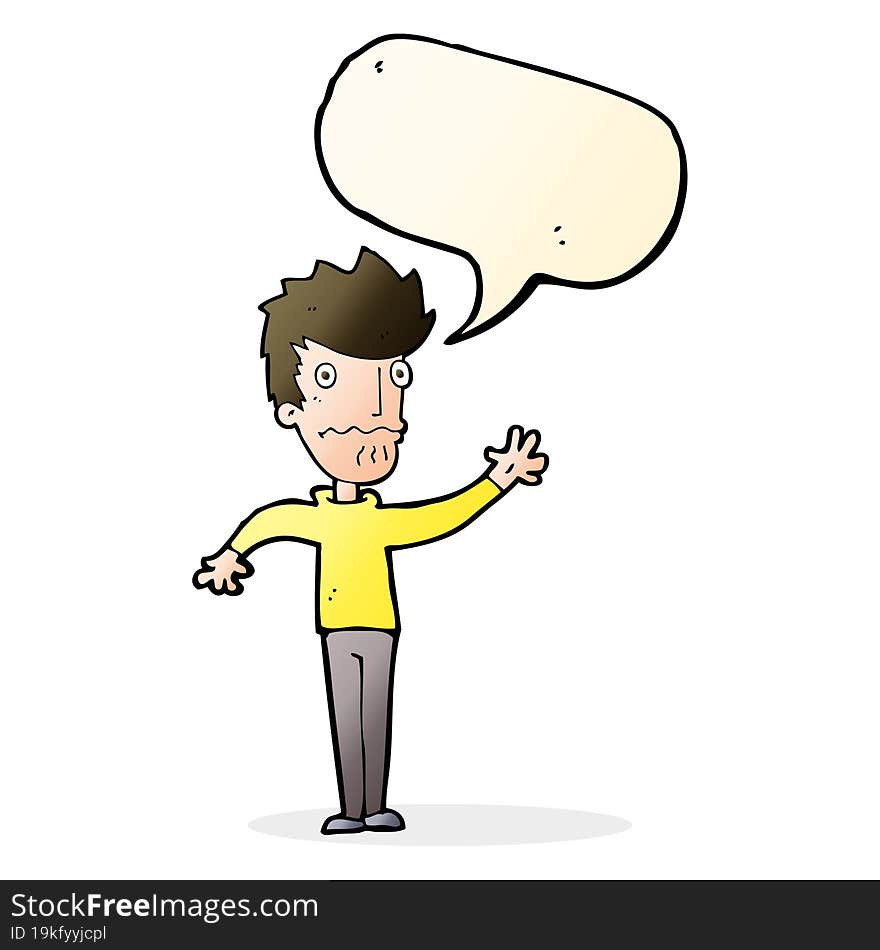 cartoon worried man reaching out with speech bubble