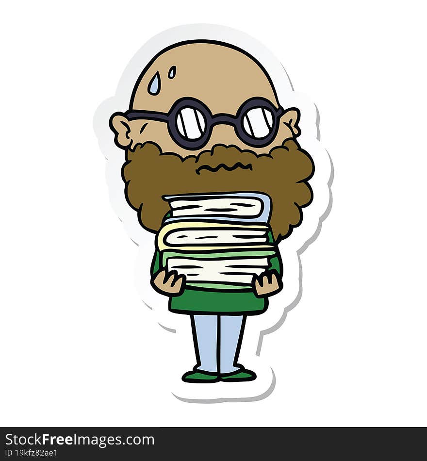 sticker of a cartoon worried man with beard and stack of books