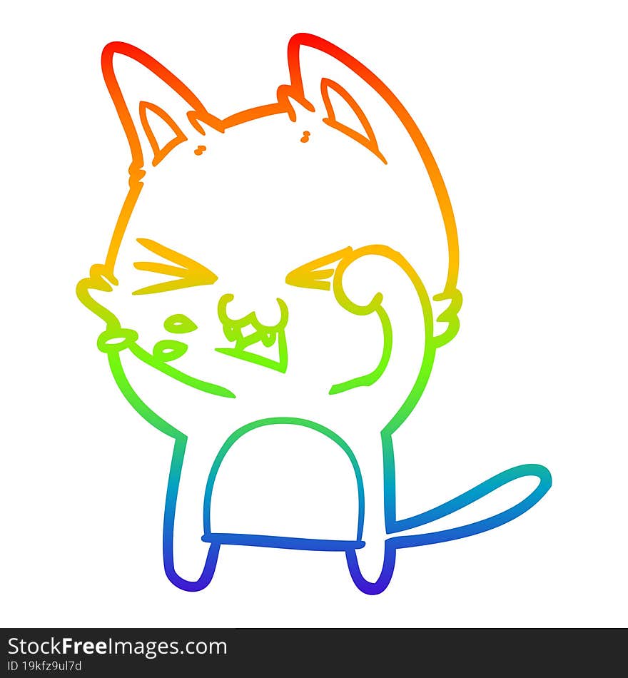 Rainbow Gradient Line Drawing Cartoon Cat Hissing