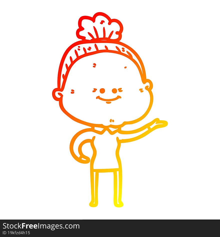 warm gradient line drawing of a cartoon happy old woman