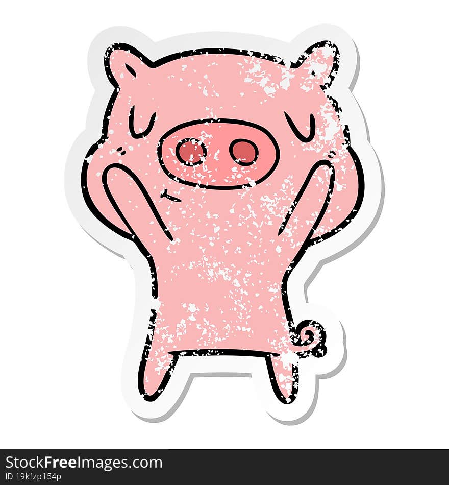 distressed sticker of a cartoon content pig