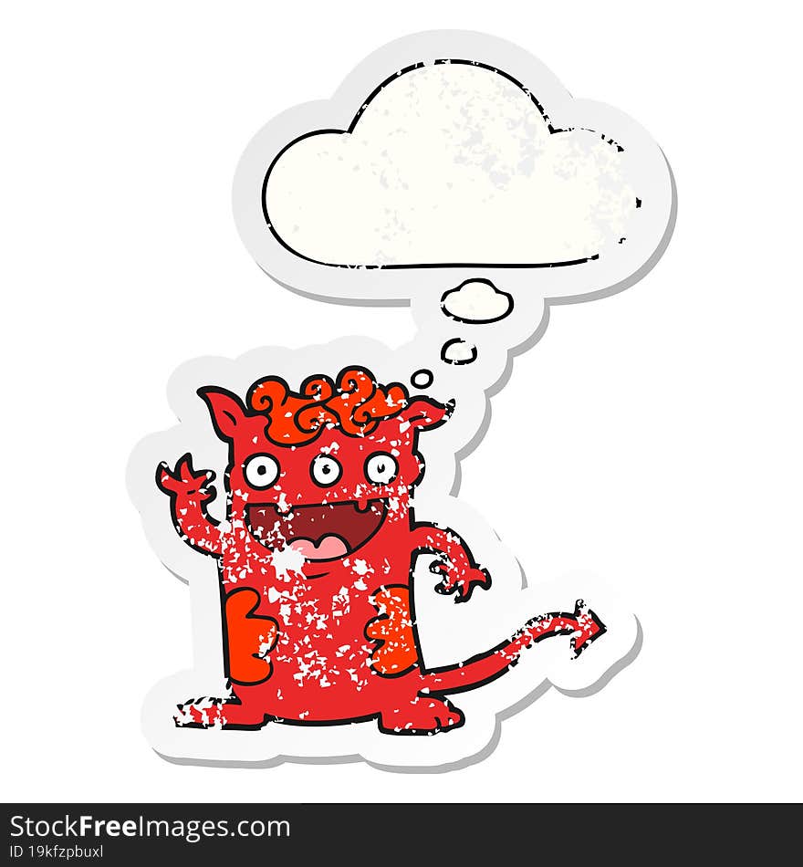 cartoon halloween monster with thought bubble as a distressed worn sticker