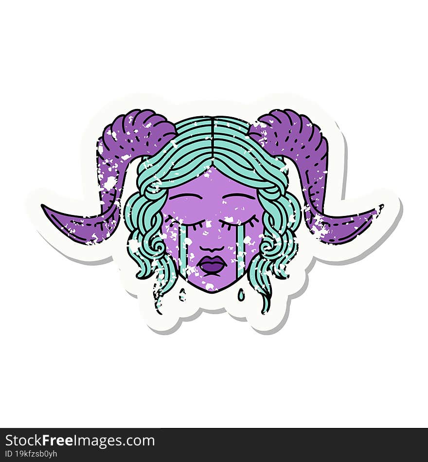 grunge sticker of a crying tiefling character face. grunge sticker of a crying tiefling character face