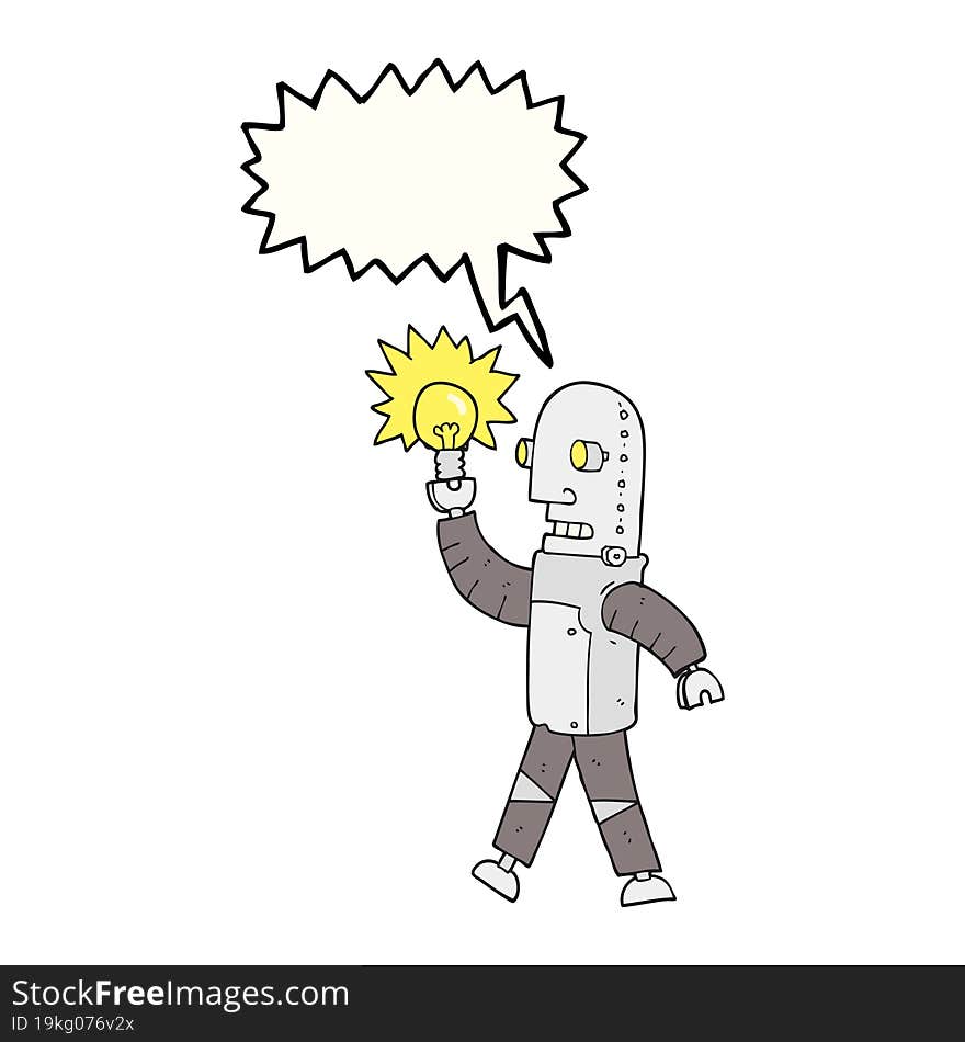 speech bubble cartoon robot with light bulb