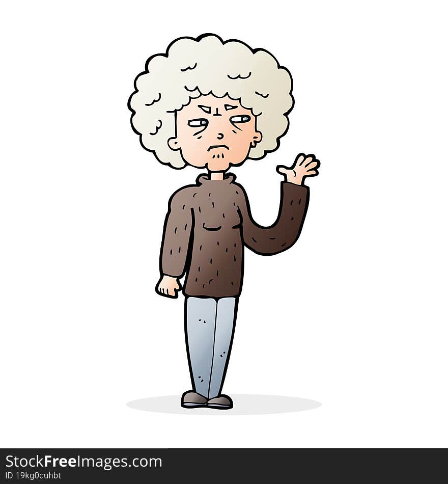 cartoon annoyed old woman waving