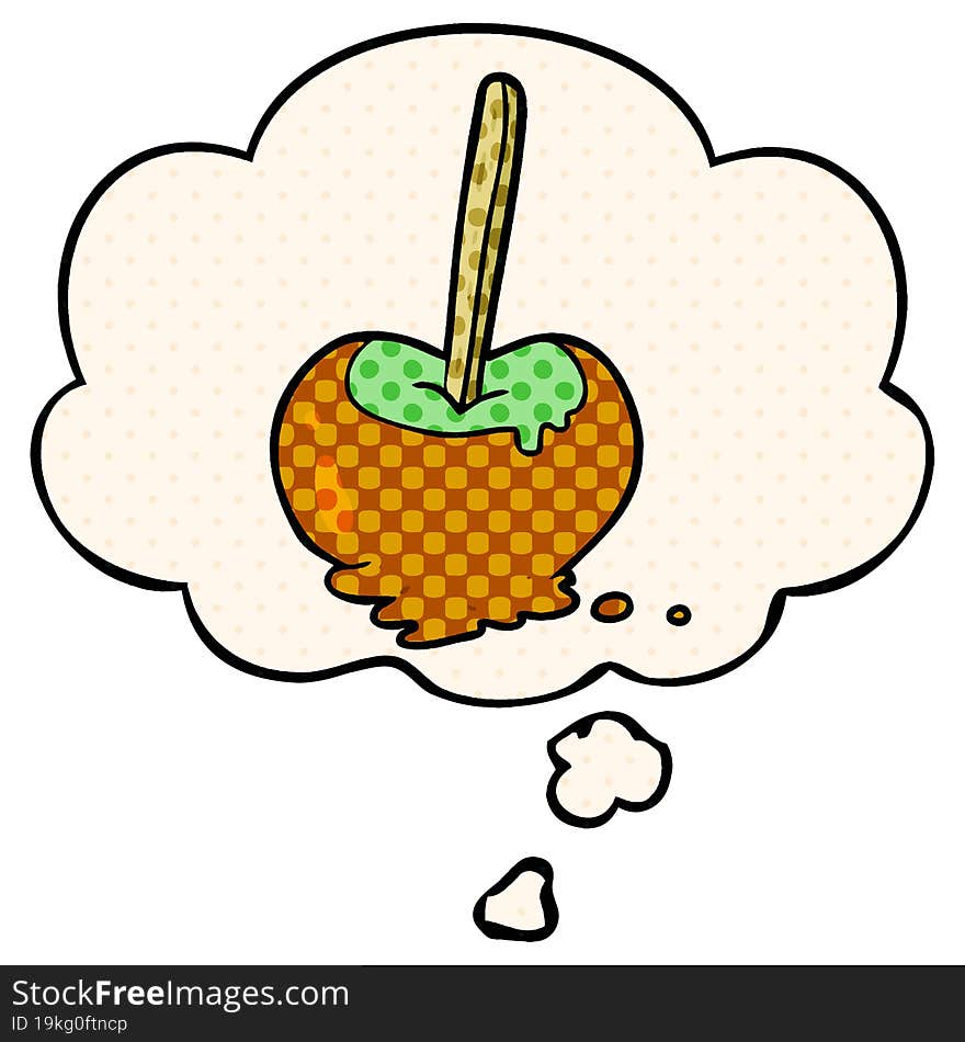 cartoon toffee apple with thought bubble in comic book style