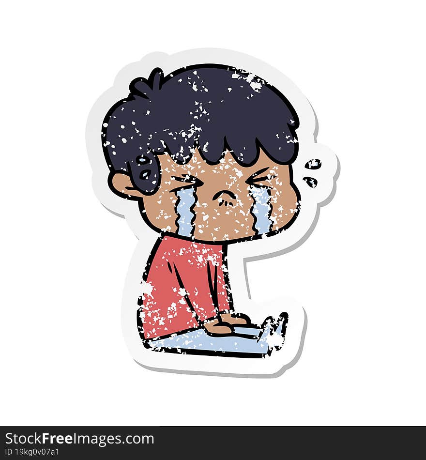 Distressed Sticker Of A Cartoon Boy Crying