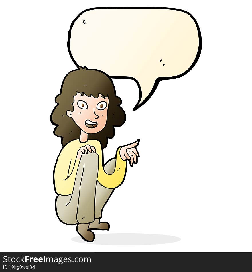 cartoon happy woman sitting and pointing with speech bubble