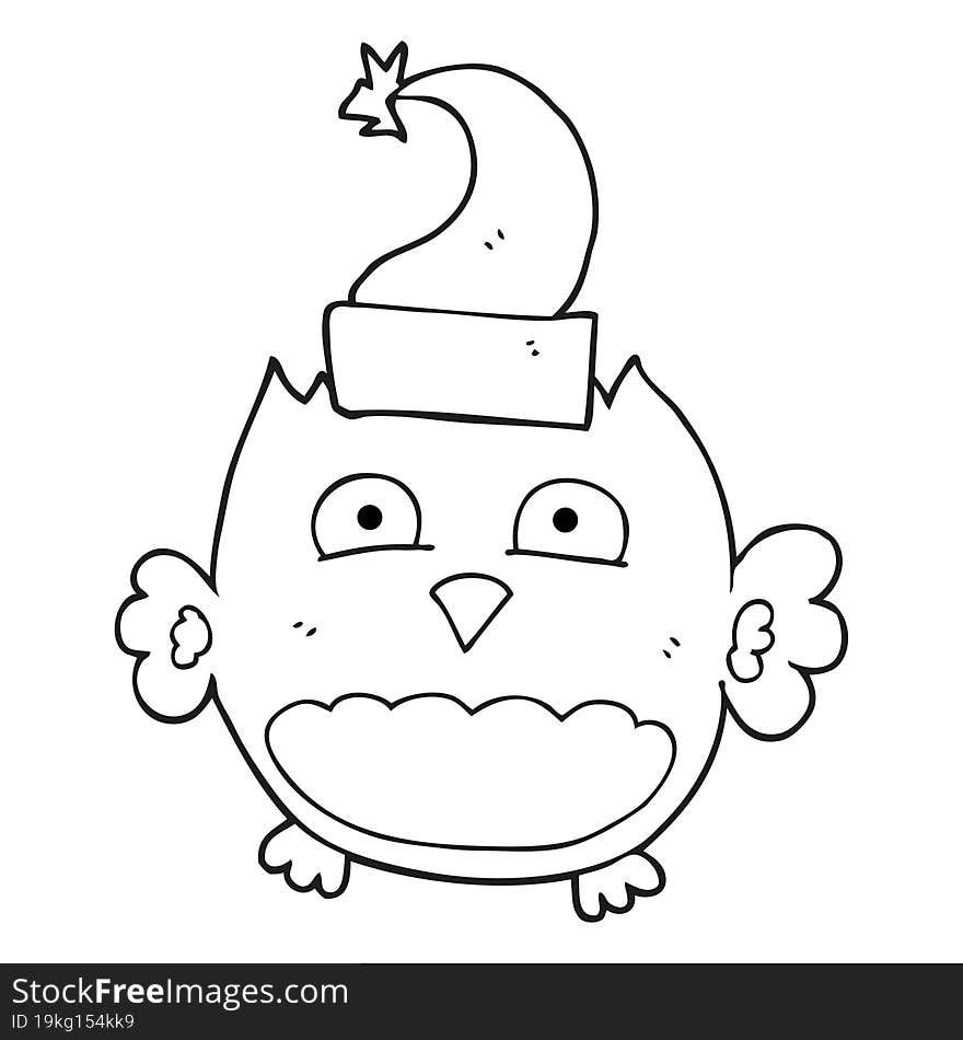 freehand drawn black and white cartoon owl wearing christmas hat