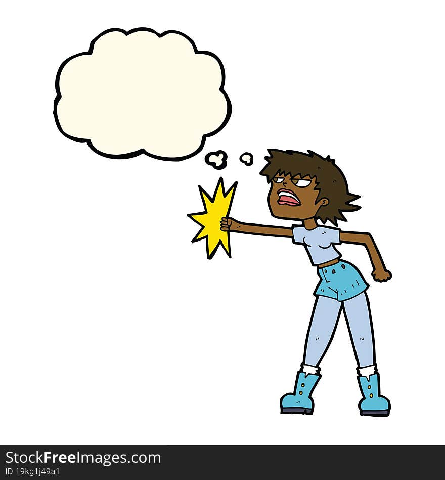 cartoon woman punching with thought bubble