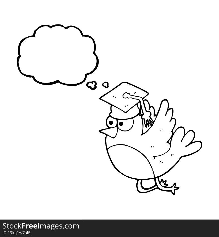 freehand drawn thought bubble cartoon bird wearing graduation cap