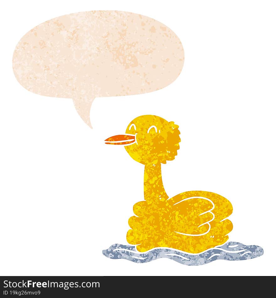 cartoon duck and speech bubble in retro textured style