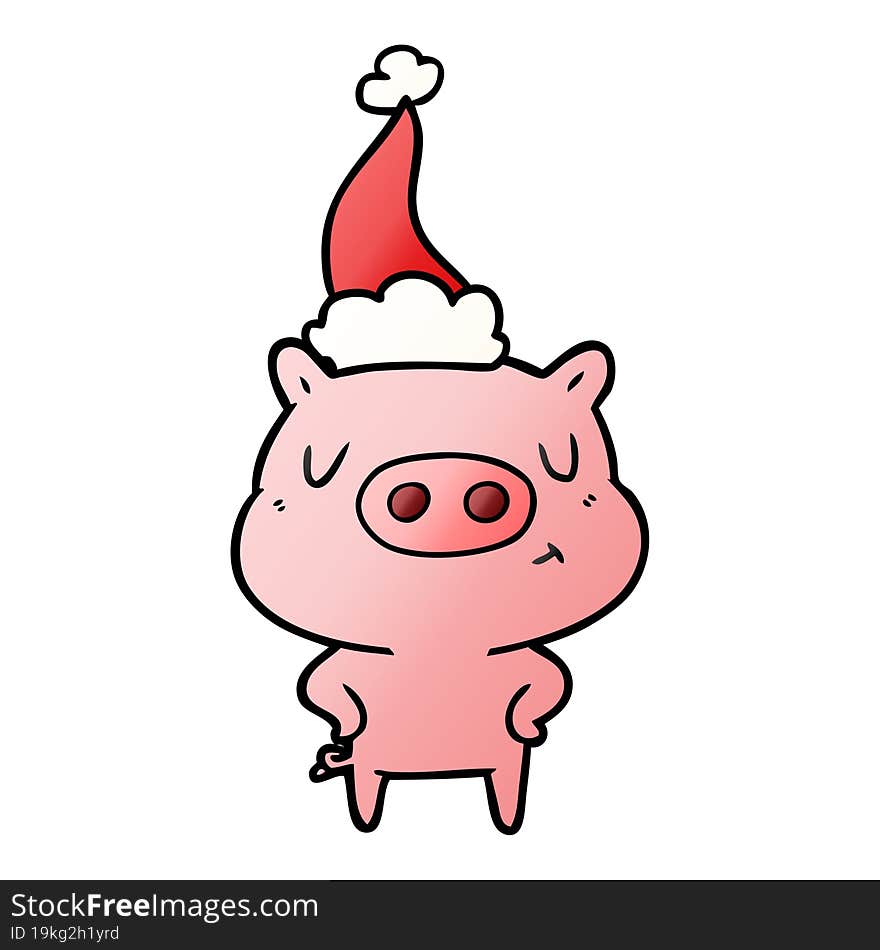 gradient cartoon of a content pig wearing santa hat