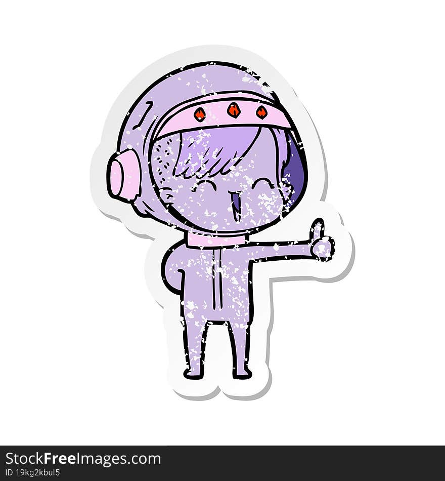 distressed sticker of a happy cartoon space girl