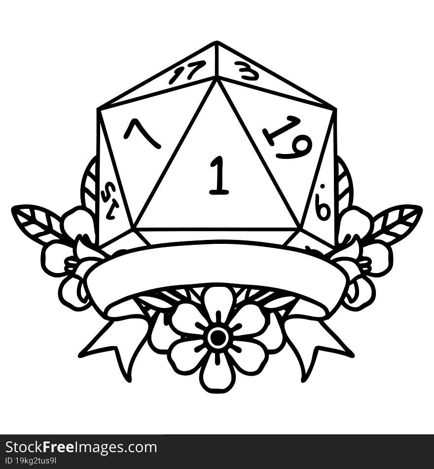 Black and White Tattoo linework Style natural one d20 dice roll. Black and White Tattoo linework Style natural one d20 dice roll