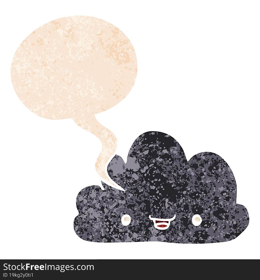 cartoon tiny happy cloud and speech bubble in retro textured style