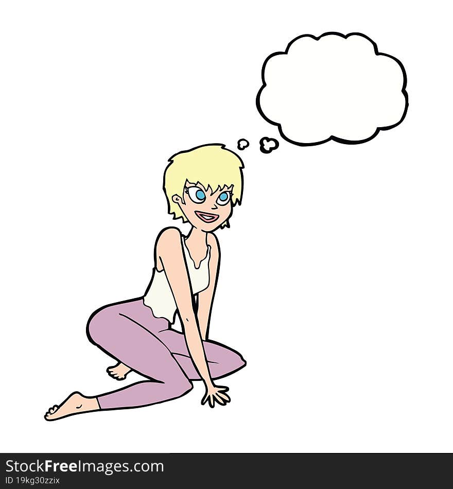 cartoon happy woman sitting on floor with thought bubble