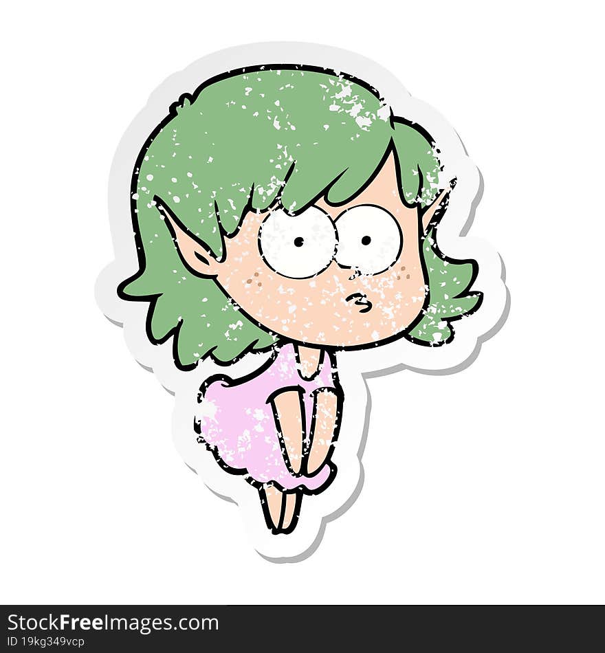 distressed sticker of a cartoon elf girl staring