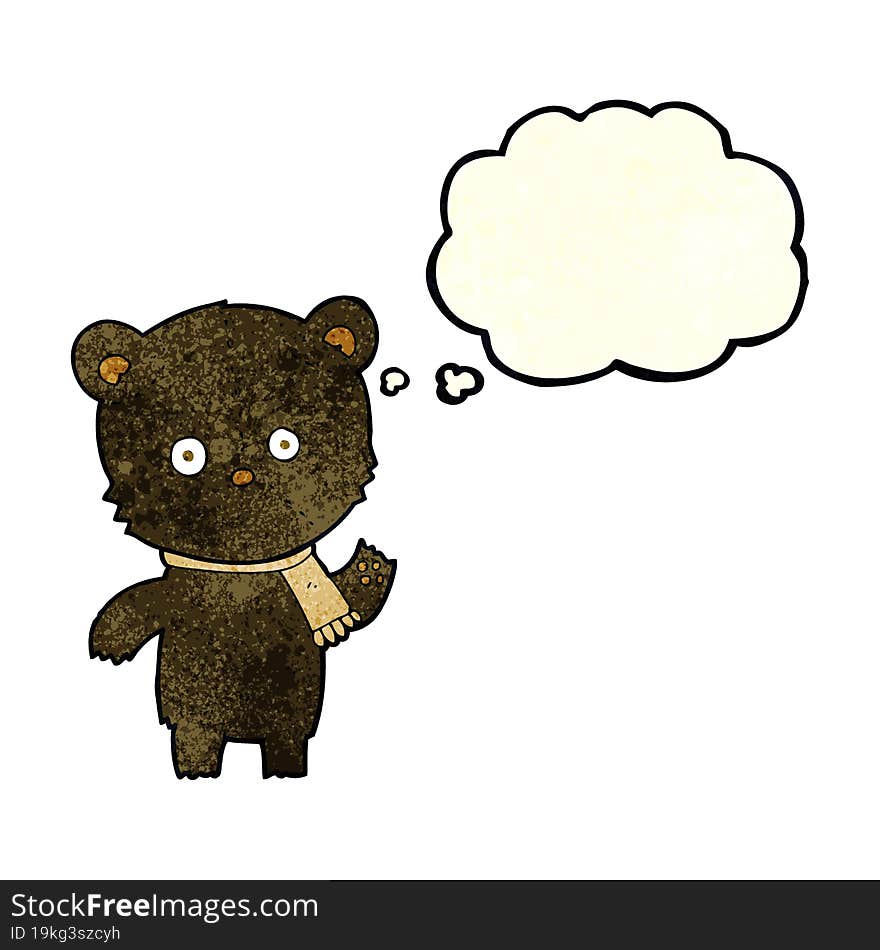 cartoon waving black bear with thought bubble