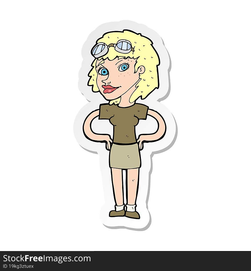 sticker of a cartoon retro pilot woman